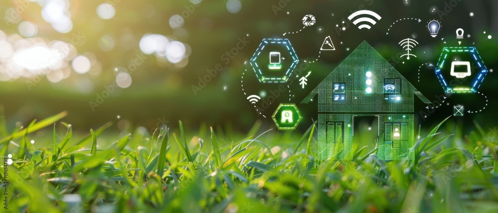 custom made wallpaper toronto digitalA green house with energy symbols and smart home technology icons floating above it, surrounded by lush grass Generative AI