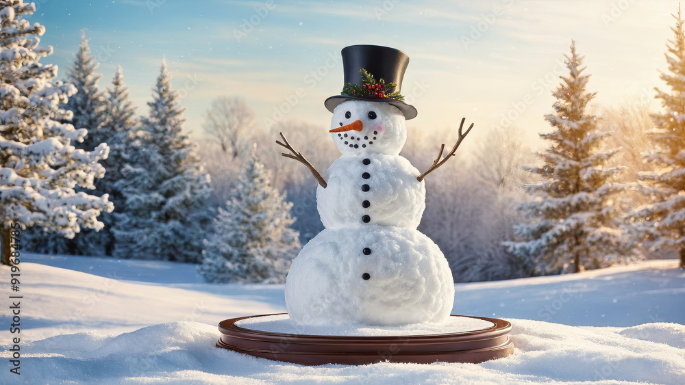 Obraz premium Christmas snowman product display podium in the snow, Xmas product stand with product presentation space in a winter wonderland, Christmas scenery, Snow man podium with presentation space, ad, podium 