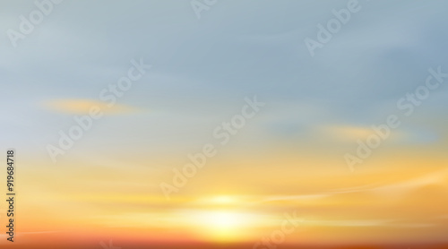 Sunset Sky,Cloud Background,Autumn Yellow,Blue Sunrise over sea beach,Vector Beautiful Nature of Golden Hour in orange Sky Before Sundown in Winter