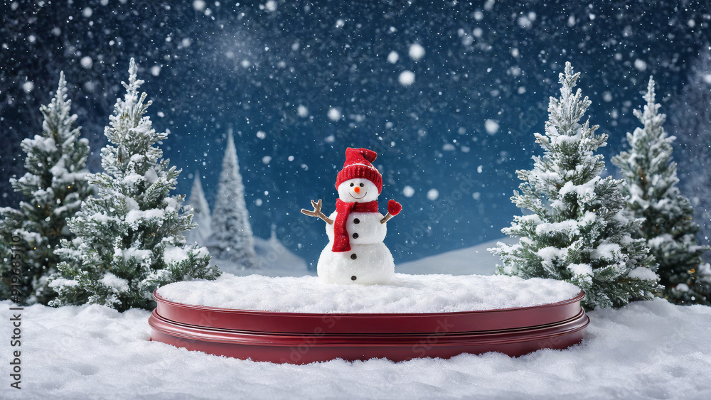 Fototapeta premium Christmas snowman product display podium in the snow, Xmas product stand with product presentation space in a winter wonderland, Christmas scenery, Snow man podium with presentation space, ad, podium 