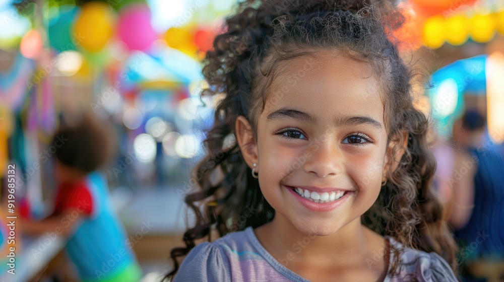 A young girl with curly hair smiles brightly at the camera while at a carnival. The background is out of focus, showcasing a vibrant blur of colors and people. A young girl with curly hair smiles brightly at the camera while at a carnival. The background is out of focus, showcasing a vibrant blur of colors and people.