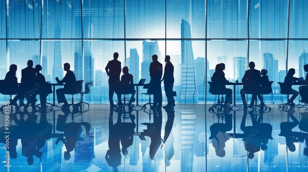 Silhouettes of businesspeople in a modern office setting, showcasing teamwork, collaboration, and urban professionalism.