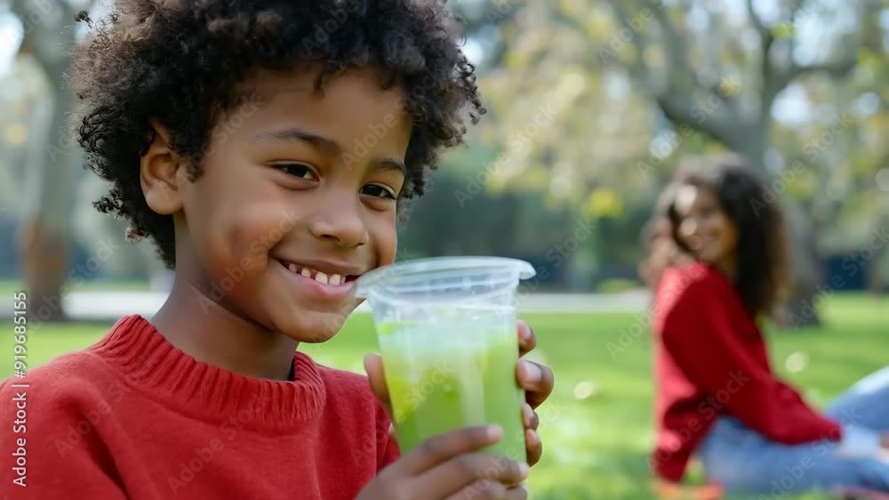 A young boy relaxes and smiles while sipping a cool drink in a vibrant park, with friends enjoying the sunny day in the background A young boy relaxes and smiles while sipping a cool drink in a vibrant park, with friends enjoying the sunny day in the background