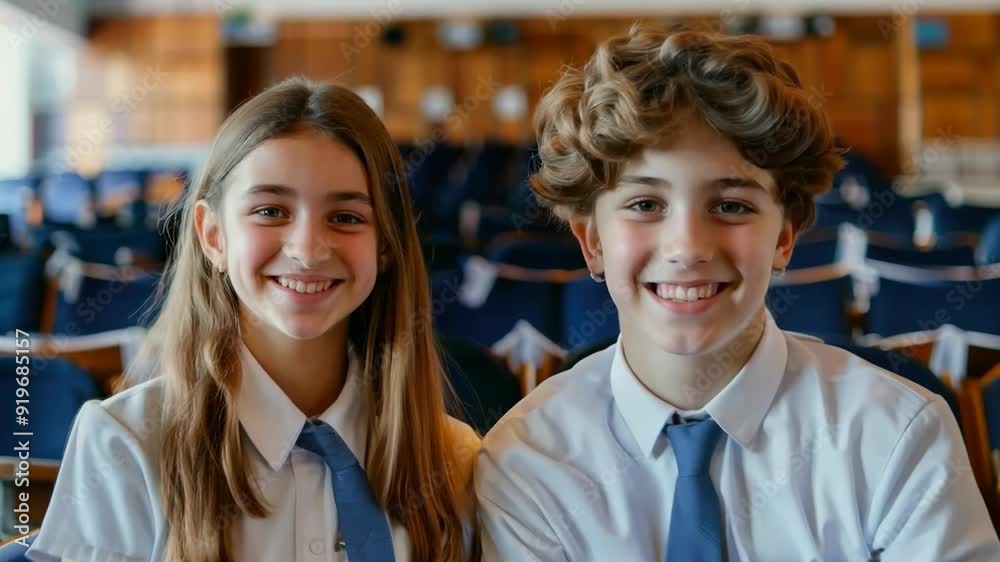 Two smiling students dressed in school uniforms enjoy a lighthearted moment as they prepare for their school assembly in the spacious auditorium Two smiling students dressed in school uniforms enjoy a lighthearted moment as they prepare for their school assembly in the spacious auditorium