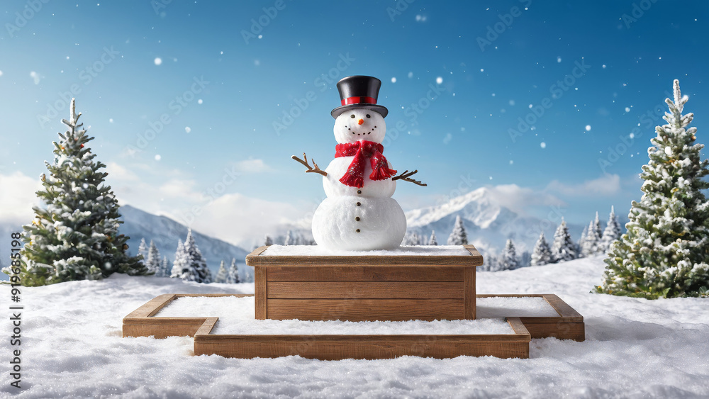 Fototapeta premium Christmas snowman product display podium in the snow, Xmas product stand with product presentation space in a winter wonderland, Christmas scenery, Snow man podium with presentation space, ad, podium 