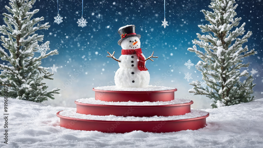 Fototapeta premium Christmas snowman product display podium in the snow, Xmas product stand with product presentation space in a winter wonderland, Christmas scenery, Snow man podium with presentation space, ad, podium 