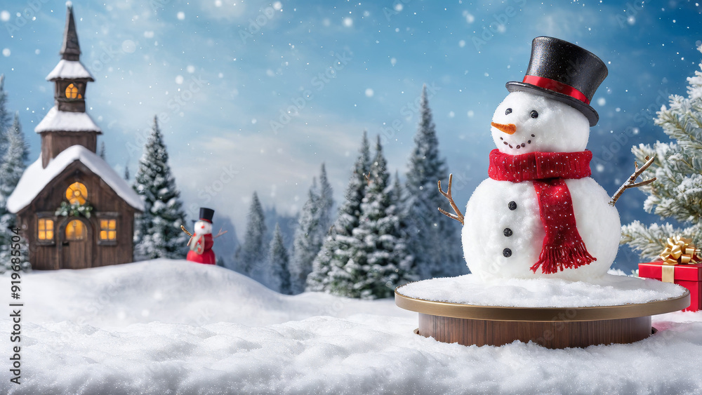 Obraz premium Christmas snowman product display podium in the snow, Xmas product stand with product presentation space in a winter wonderland, Christmas scenery, Snow man podium with presentation space, ad, podium