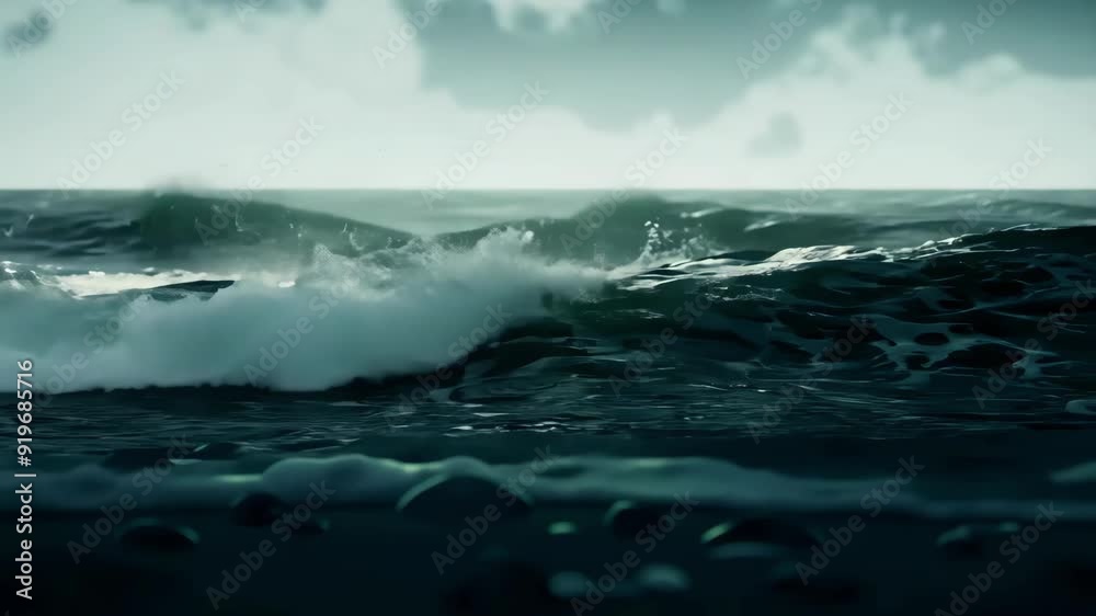 Dark ocean waves crash under an overcast sky, creating a moody and mysterious seascape. The churning water reflects the dim light, adding to the eerie atmosphere Dark ocean waves crash under an overcast sky, creating a moody and mysterious seascape. The churning water reflects the dim light, adding to the eerie atmosphere