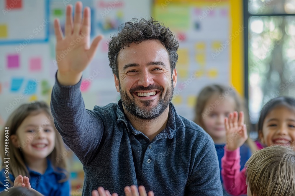 Fototapeta premium Elementary school fun. Teacher playing with his students in a classroom, Generative AI