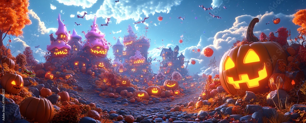 Enchanting Halloween Wonderland Cartoonish 3D Decorations of Witches, Skeletons, and Pumpkins in a Vibrant Landscape of Fun and Magic Enchanting Halloween Wonderland Cartoonish 3D Decorations of Witches, Skeletons, and Pumpkins in a Vibrant Landscape of Fun and Magic