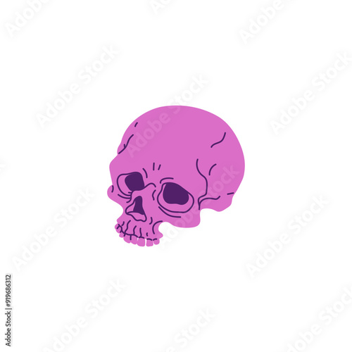 Purple human skull vector cartoon icon, scull braincase bones, Wicca pagan faith symbol, esoteric and occult item