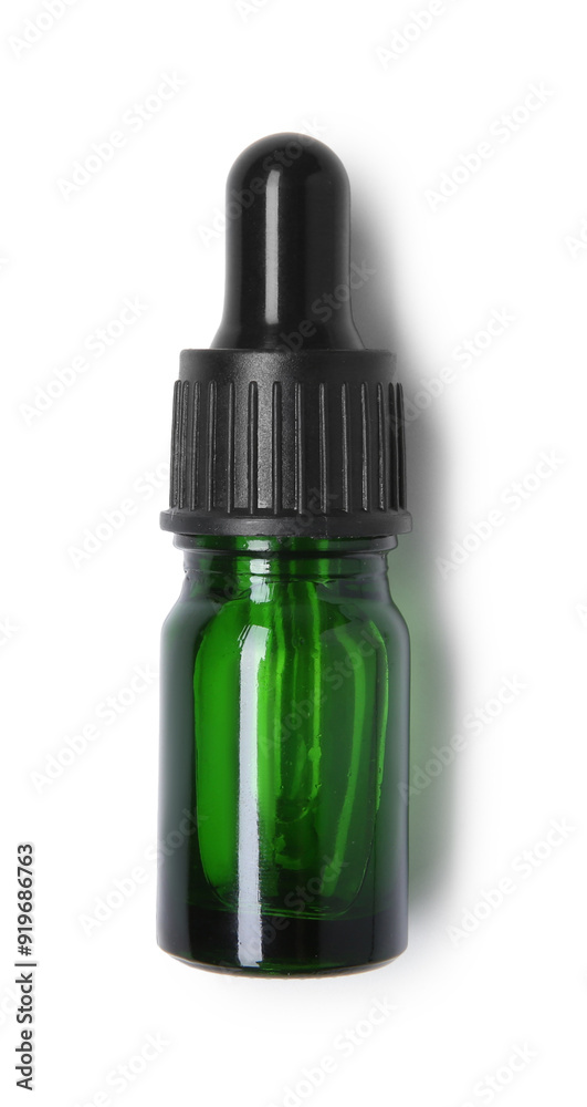 Bottle of essential oil isolated on white, top view