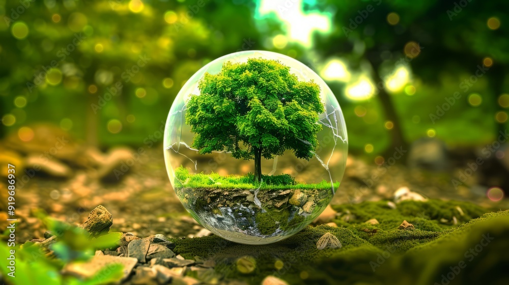 Glass sphere and green tree inside on nature background. Earth Day. environment protection. let's take care of nature. Glass sphere and green tree inside on nature background. Earth Day. environment protection. let's take care of nature.