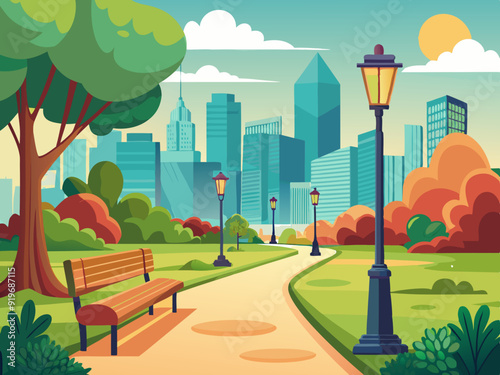 City park. Public alley walkway with green trees, wooden bench and parks lanterns. Panoramic landscape with urban background vector illustration. City skyscrapers near nature outside scene
