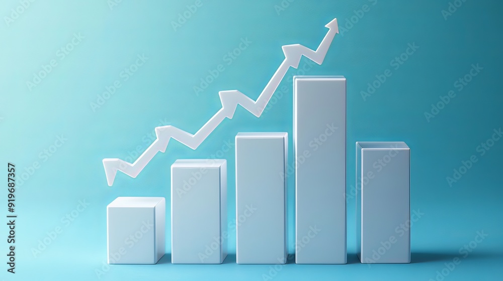 Upward glowing arrows on white business blocks chart steps on a blue ...