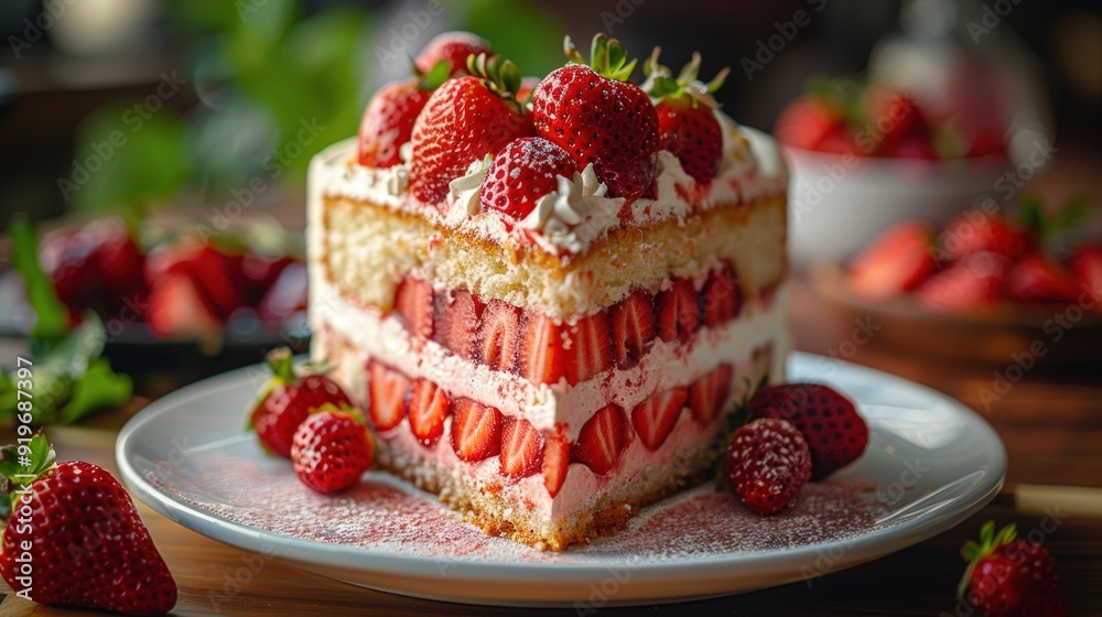 A slice of strawberry cake with layers and strawberries on top.