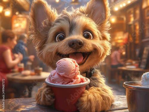 A small dog with a big smile, holding a scoop of strawberry ice cream in its paw.
