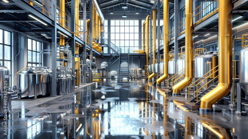 Fototapeta premium A vibrant industrial area with stainless steel tanks, yellow pipes, and large windows showcases the efficient brewing process in full swing