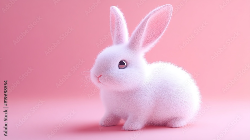 A fluffy white rabbit sits on a soft pink background, looking to the side. A fluffy white rabbit sits on a soft pink background, looking to the side.