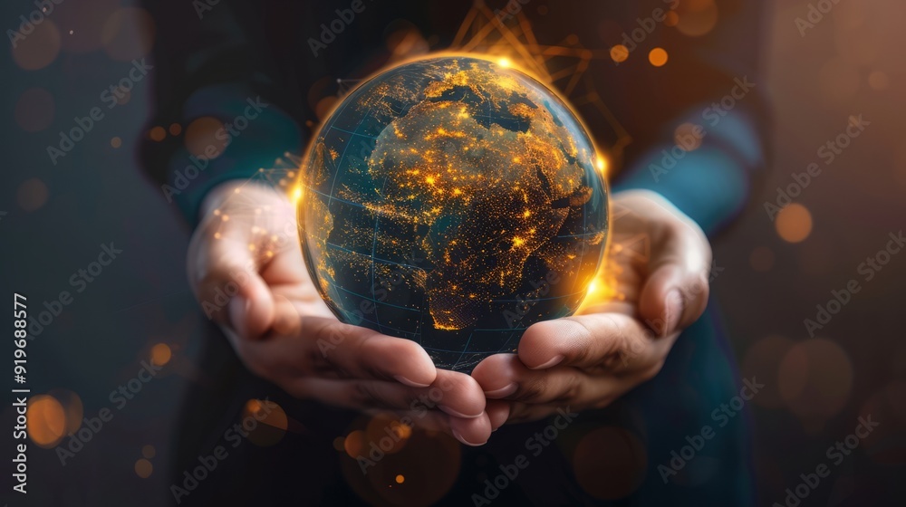 Fototapeta premium Hands holding circular globe of Earth, containing information and data, in luminous 3D model style.