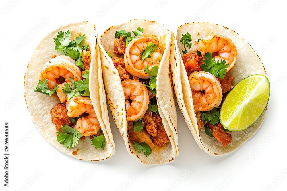 Spicy shrimp tacos with lime and cilantro isolated on a white, top view Spicy shrimp tacos with lime and cilantro isolated on a white, top view