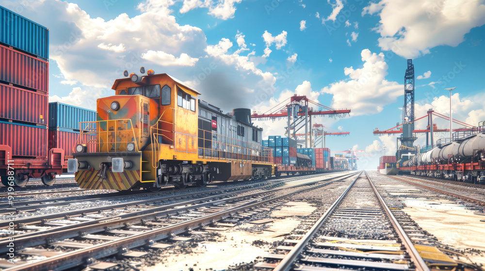 A freight train transporting containers rests on the berth with a bustling shipyard in the backdrop, illuminated by the bright sun and scattered clouds A freight train transporting containers rests on the berth with a bustling shipyard in the backdrop, illuminated by the bright sun and scattered clouds