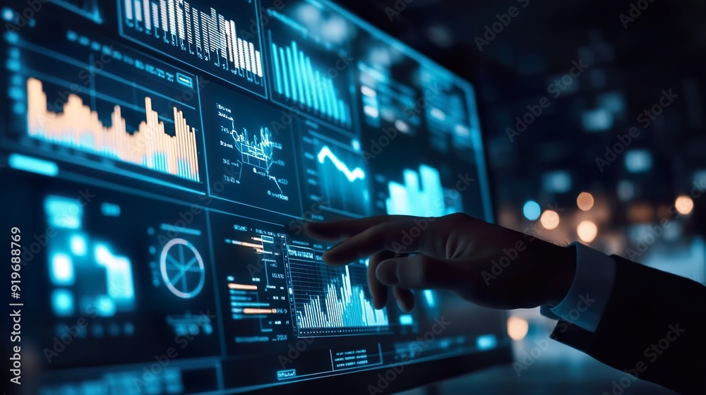 A person is pointing at a computer screen with a lot of graphs and numbers A person is pointing at a computer screen with a lot of graphs and numbers