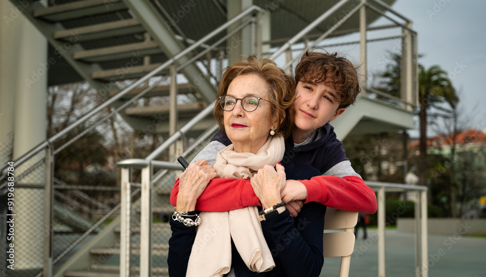Fototapeta premium Grandson hugging his grandmother during autumn holidays