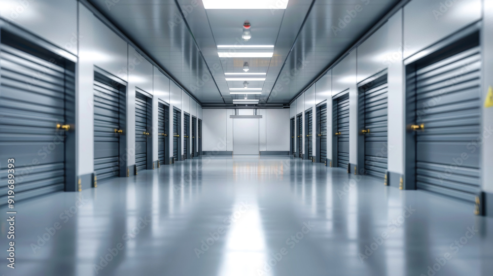 Fototapeta premium Spacious warehouse interior featuring gray doors and a welcoming clean environment ideal for storage and industrial activities