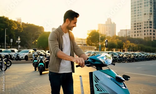 Tourist man take Electric Kick scooter or bike bicycle in sharing parking lot, tourist phone application. New sharing business project started in city, eco transportation