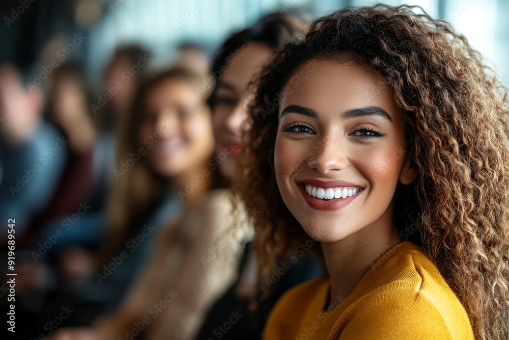 Obraz premium Cheerful job applicants sitting together in a row, Generative AI