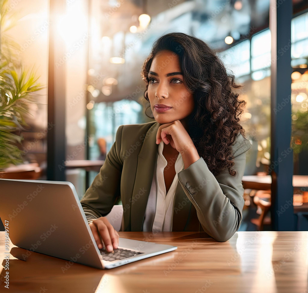 Fototapeta premium Businesswoman working on a laptop at a coffee shop table, thinking of a business plan
