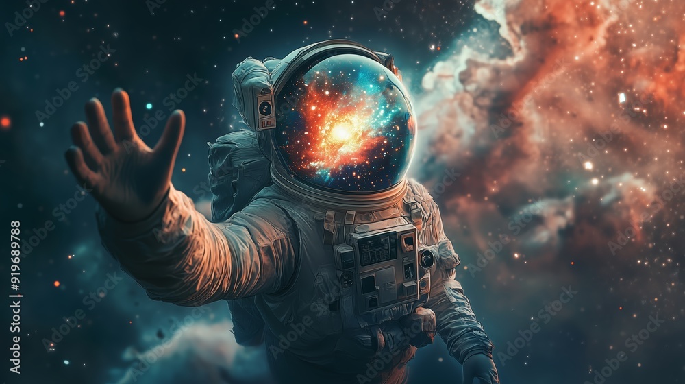 An astronaut reaches out towards the vibrant galaxy in the depths of space An astronaut reaches out towards the vibrant galaxy in the depths of space