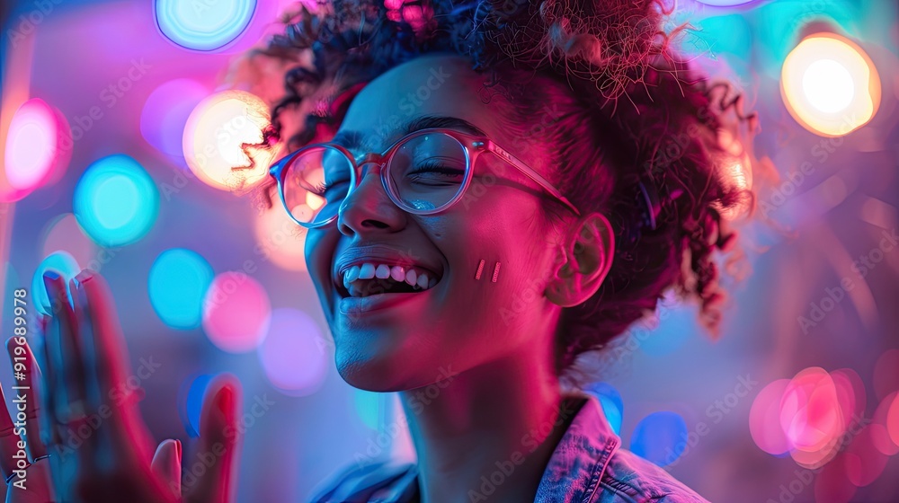 A young woman with curly hair and glasses smiles brightly in front of colorful lights. A young woman with curly hair and glasses smiles brightly in front of colorful lights.