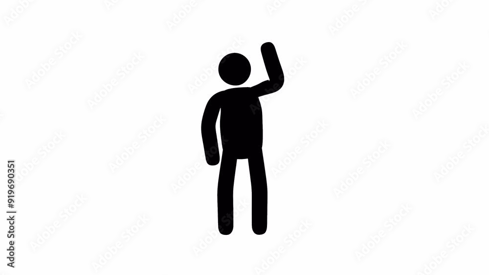 Stickman protests - waves his raised hand. Pictogram man raises his hand up. Looped animation with alpha channel.