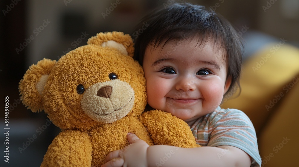 Joyful Baby Embracing a Stuffed Animal with a Bright Smile in a Colorful Setting