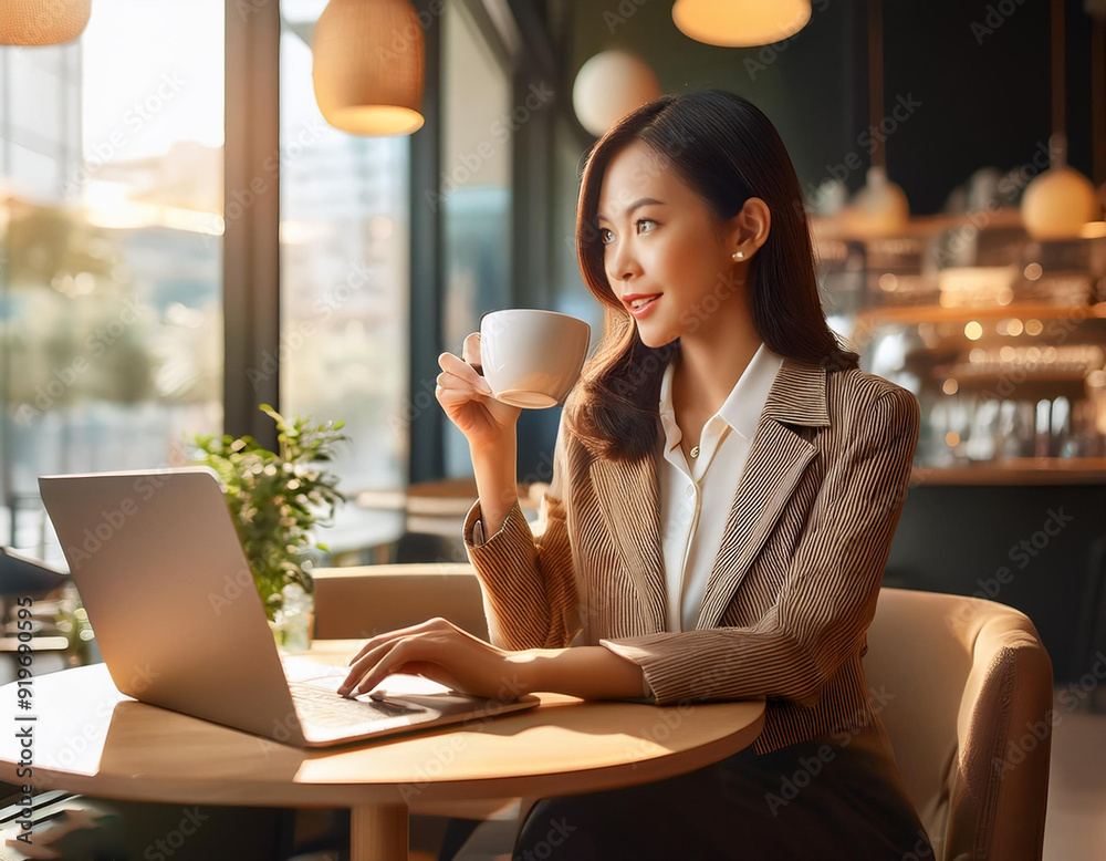Businesswoman enjoying coffee while telecommuting from a stylish coffee shop Businesswoman enjoying coffee while telecommuting from a stylish coffee shop