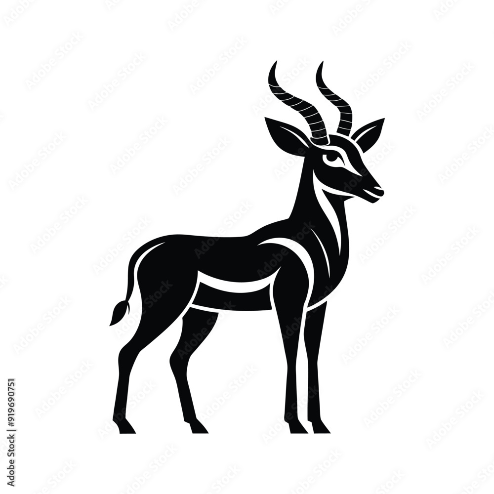 Fototapeta premium Silhouette impala animal full body black color, Stylish Gazelle Silhouette Premium Vector Art for Animal and Wildlife Themed Projects, Gazelle silhouette black antelope Ghazal vector