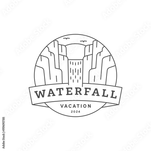 waterfall vacation illustration monoline or line art style vector