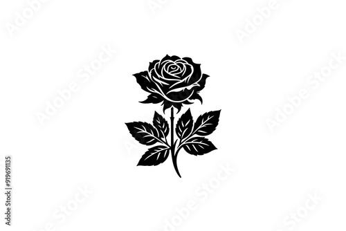 A vector illustration featuring a black silhouette of a rose, complete with a rosebud and leaves, set against a white background.