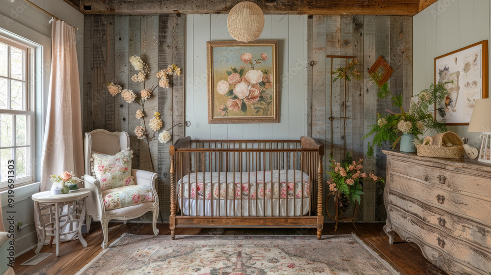 Fototapeta premium A nursery room with a crib, chair, and a painting of flowers