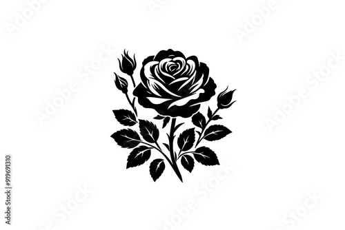 Wallpaper Mural A vector illustration featuring a black silhouette of a rose, complete with a rosebud and leaves, set against a white background. Torontodigital.ca