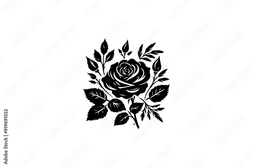 A vector illustration featuring a black silhouette of a rose, complete with a rosebud and leaves, set against a white background. A vector illustration featuring a black silhouette of a rose, complete with a rosebud and leaves, set against a white background.