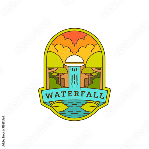 waterfall vacation illustration monoline or line art style vector