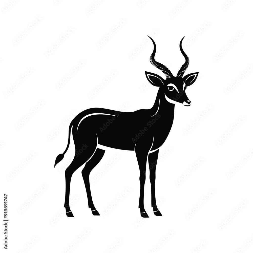Fototapeta premium Silhouette impala animal full body black color, Stylish Gazelle Silhouette Premium Vector Art for Animal and Wildlife Themed Projects, Gazelle silhouette black antelope Ghazal vector