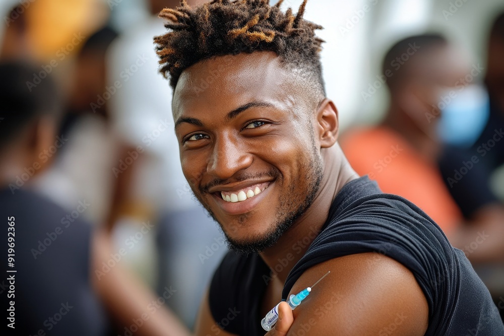 Man smiling after receiving vaccination, Generative AI Man smiling after receiving vaccination, Generative AI