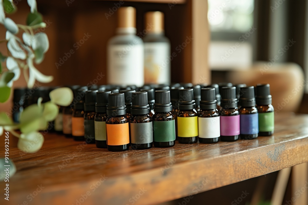 A collection of essential oil bottles neatly arranged on a wooden shelf in a natural light-filled room
