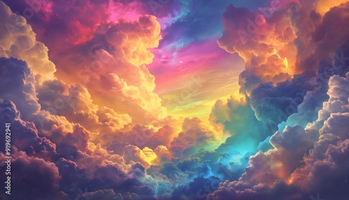 An illustration of a sky filled with colorful cloud formations