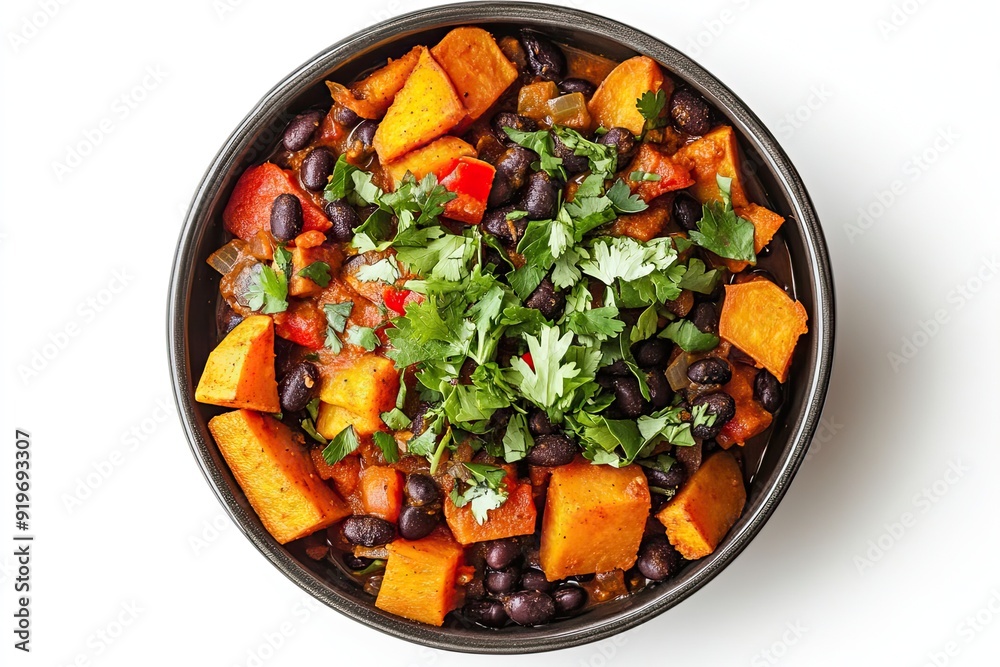 Sweet potato and black bean chili isolated on a white, top view Sweet potato and black bean chili isolated on a white, top view