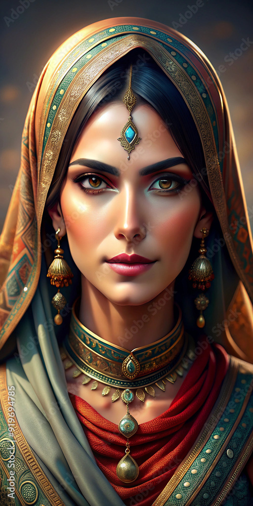 A close-up, photorealistic image of a woman wearing an intricately designed green and gold headscarf with matching jewelry. The image highlights her stunning beauty and detail A close-up, photorealistic image of a woman wearing an intricately designed green and gold headscarf with matching jewelry. The image highlights her stunning beauty and detail